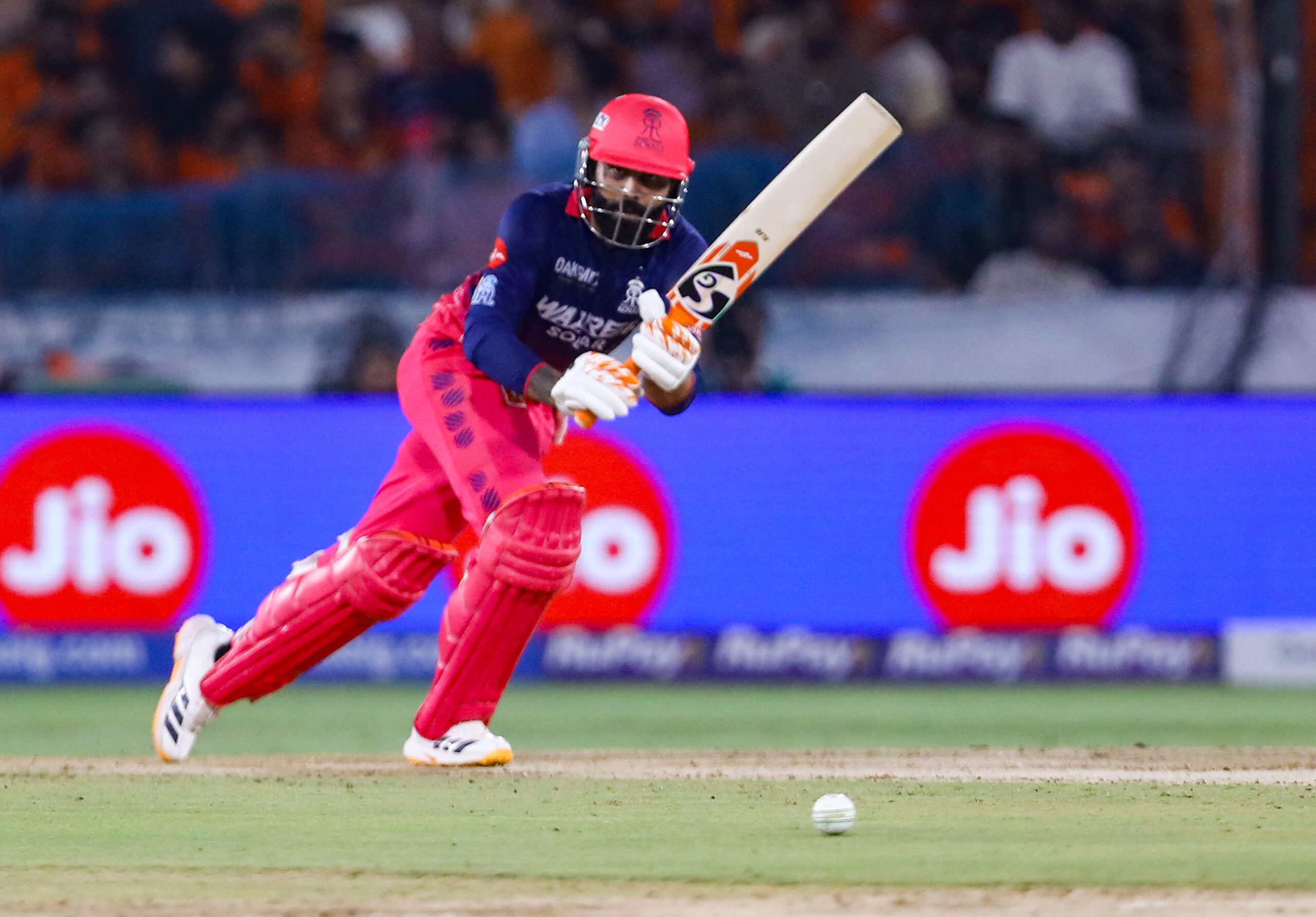 Hyderabad: Rajasthan Royals' Ravindra Jadeja plays a shot during the Indian Premier League 2026 match between Sunrisers Hyderabad and Rajasthan Royals, at Rajiv Gandhi International Stadium, in Hyderabad on Monday, April 13, 2026. (Photo: IANS)