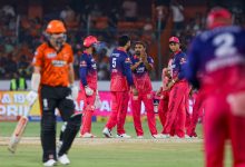 Hyderabad: Rajasthan Royals captain Riyan Parag and Sandeep Sharma celebrate the dismissal of Sunrisers Hyderabad's Travis Head during the Indian Premier League 2026 match between Sunrisers Hyderabad and Rajasthan Royals, at Rajiv Gandhi International Stadium, in Hyderabad on Monday, April 13, 2026. (Photo: IANS)