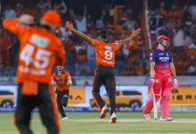Hyderabad: Sunrisers Hyderabad's Praful Hinge celebrates the dismissal of Rajasthan Royals' Lhuan-dre Pretorius during the Indian Premier League 2026 match between Sunrisers Hyderabad and Rajasthan Royals, at Rajiv Gandhi International Stadium, in Hyderabad on Monday, April 13, 2026. (Photo: IANS)